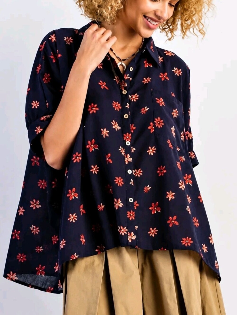Easel NEW Oversized Navy Red Floral Oversized Button Front Shirt SZ 2X Boho Chic